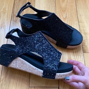 Black chunky glitter wedge sandals